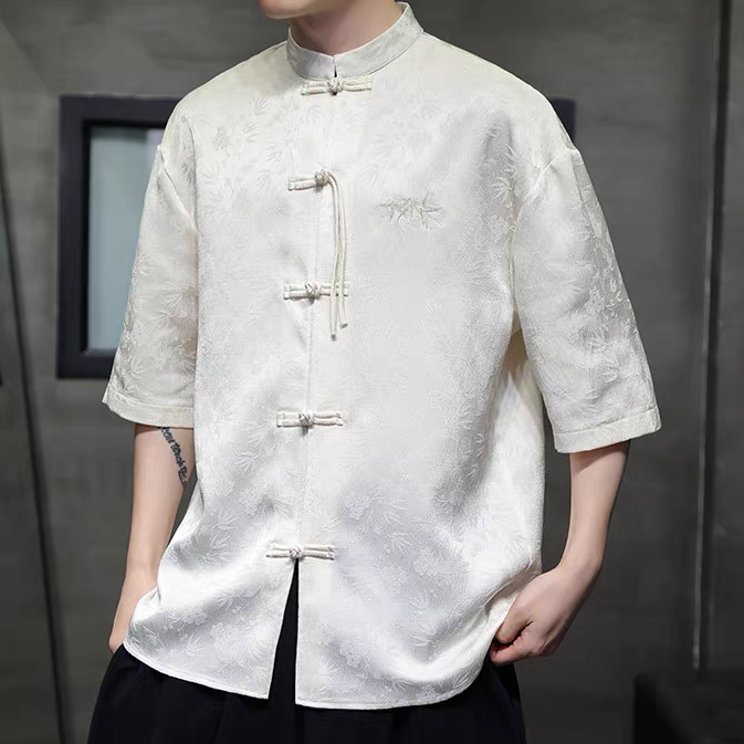 白色提花新中式男装2026新款立领冰丝国潮改良唐装大码盘扣衬衫男