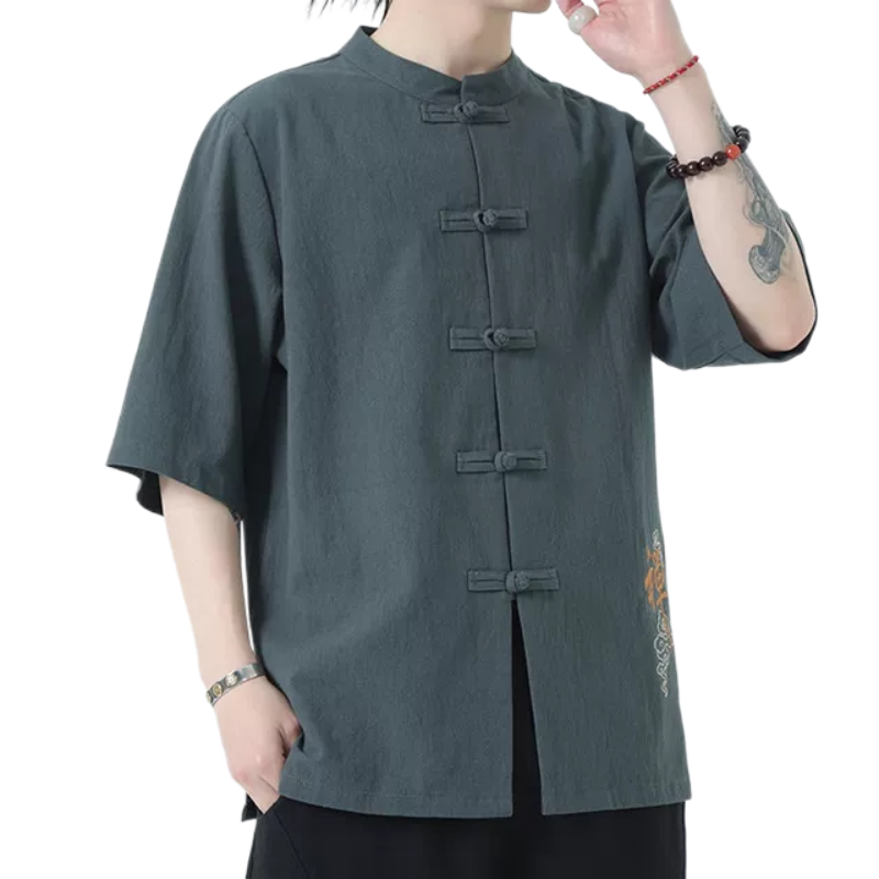 唐装男款中国风男装亚麻短袖衬衫外套夏薄中式盘扣棉麻五分袖上衣