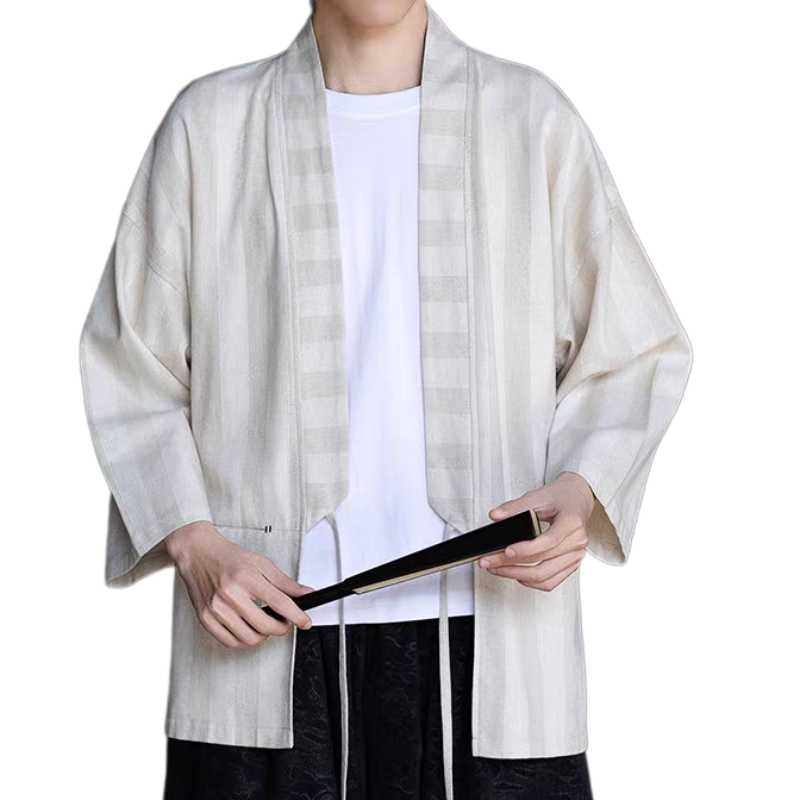 亚麻七分袖复古汉服外套男士春秋中国风棉麻披风道袍开衫条纹上衣