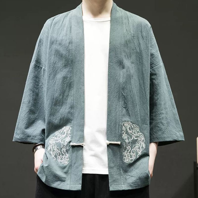 国风男改良汉服中式居士开衫外套复古风道袍披风棉麻茶禅服和服