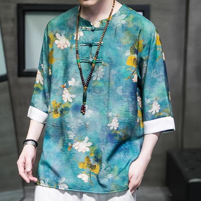 中国风纱男装短袖衬衫印花汉服花复古t恤衬衣夏季休闲唐装丝花罗