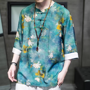 中国风纱男装短袖衬衫印花汉服花复古t恤衬衣夏季休闲唐装丝花罗