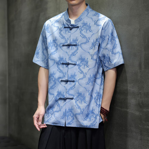中国风刺绣汉服新中式衬衫男短袖复古唐装百搭立领提花盘扣衬衣男