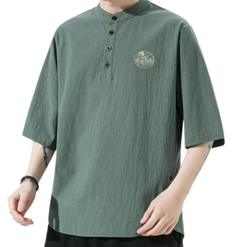 亚麻短袖t恤男夏薄款棉麻5五分袖上衣服改良汉服唐装中国古风衬衣