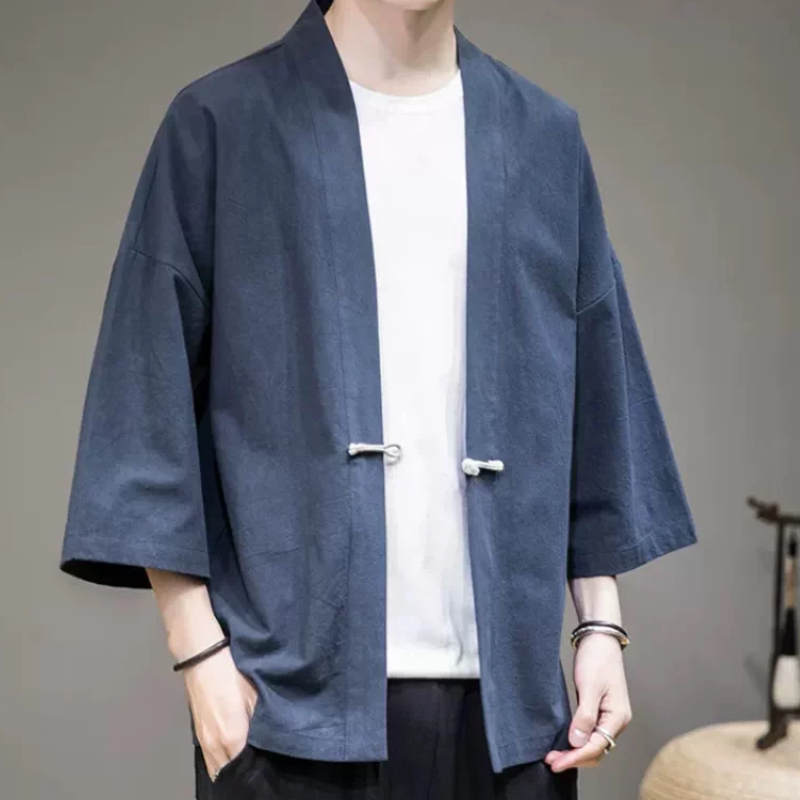汉服棉麻开衫小披风男七分袖纯色居士披风亚麻道袍风衣中国风外套