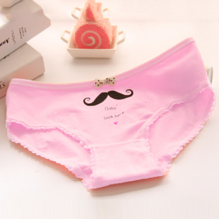 萌印花清新卡通中低腰内裤 花边内裤 女 可爱胡子少女三角裤 棉质内裤