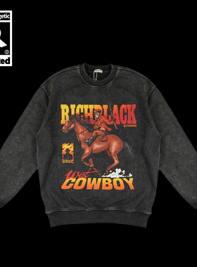 RICHBLACK原创COWBOY骷髅镖客印花水洗做旧毛圈圆领卫衣420G棉