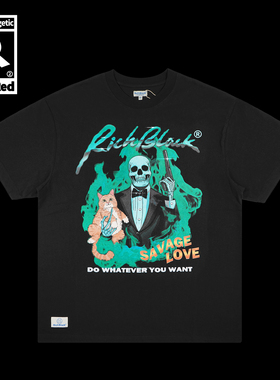 骷髅猫咪霹雳火焰 Oversize宽松棉质黑色短袖Tee