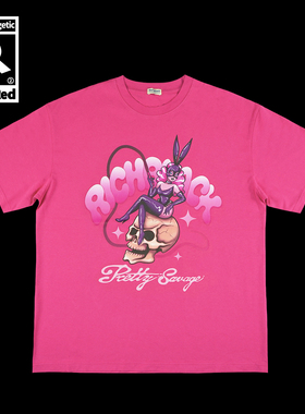 原创骷髅兔女郎卡通印花宽松版型玫红色短袖重磅T恤230G