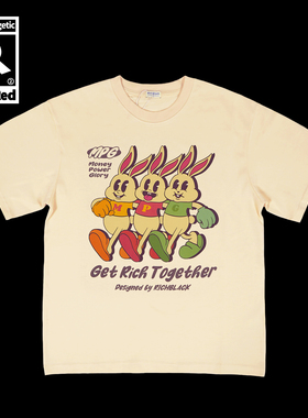 原创设计幸运兔子复古印花宽松版型圆领短袖重磅T恤230G