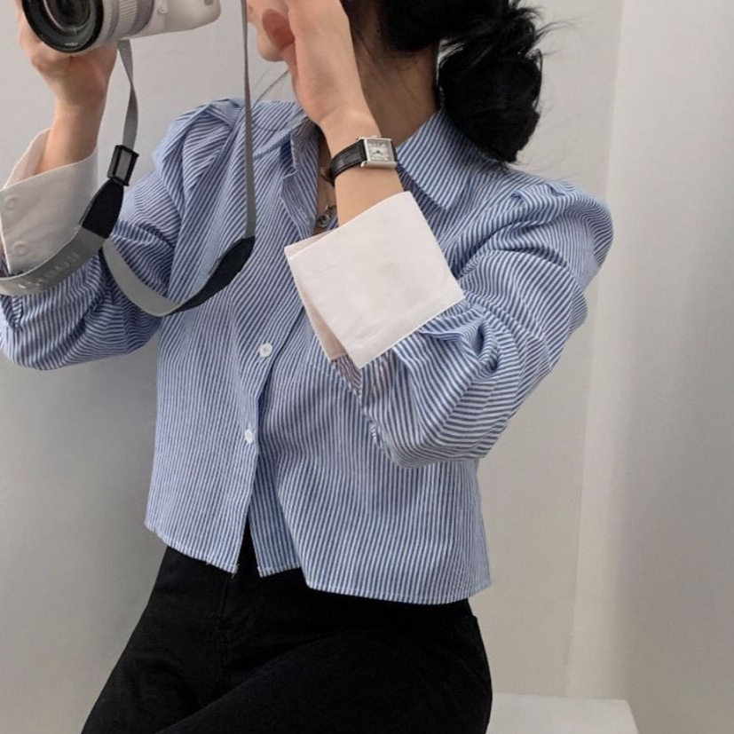 韩国chic春秋休闲气质翻领单排扣撞色袖口短款百搭条纹衬衫女现货