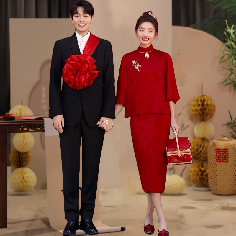 桃花源新款晨袍敬酒服订婚中式小个子新娘影楼拍照接亲迎亲回门