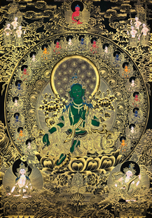 绿度母描金画稿唐卡西藏手绘DIY描金唐卡静心减压白描涂色装饰画