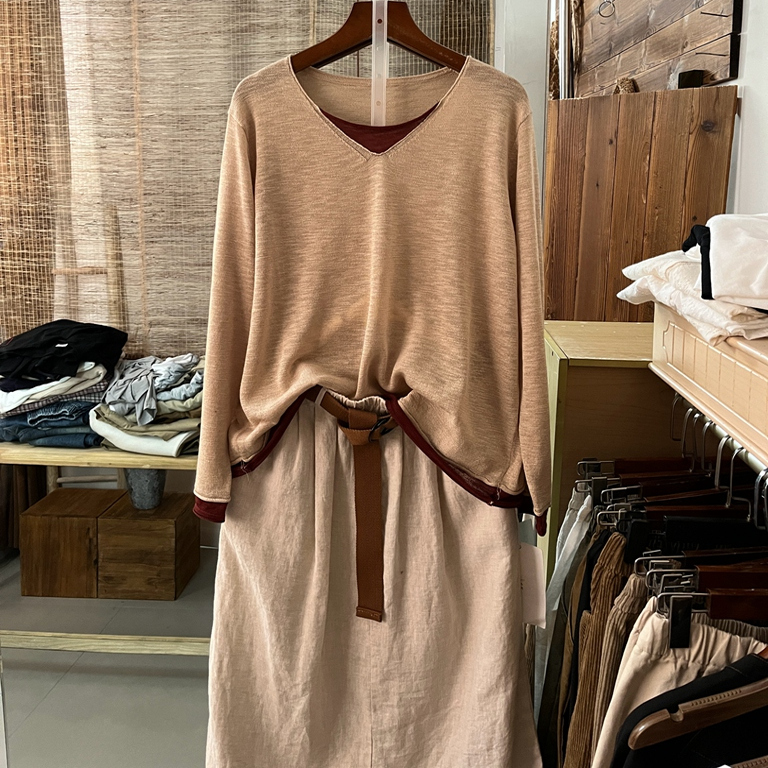 春季新款长袖圆领假两件撞色亚麻针织上衣女时尚洋气小衫冰丝上衣