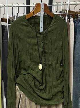 时尚长袖圆领半开褶皱t恤女春款红色洋气小衫宽松打底衫上衣内搭