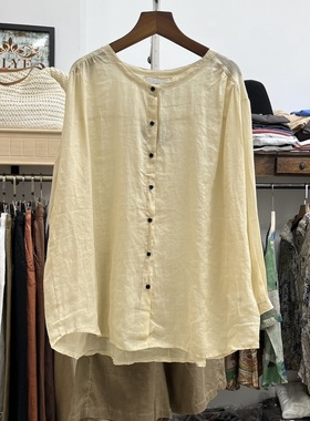 薄款苎麻圆领开衫衬衣女夏季棉麻女装宽松衬衫白色亚麻上衣防晒衣