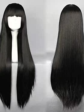 黑色 Sango 动漫假发 高温丝 长直 齐刘海 cosplay 假发