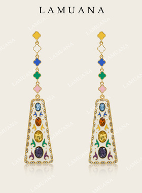 LAMUANA四叶草彩牌耳钉长款耳饰法式中国风耳环小众设计感81065