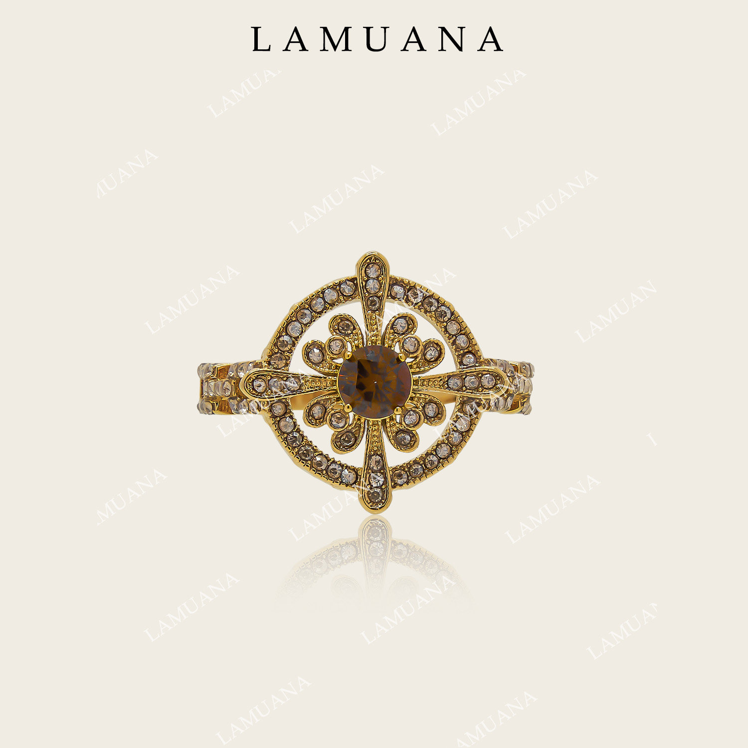 LAMUANA紫魅花盘戒指高级复古重工紫钻厚镀金色食指戒礼物15906