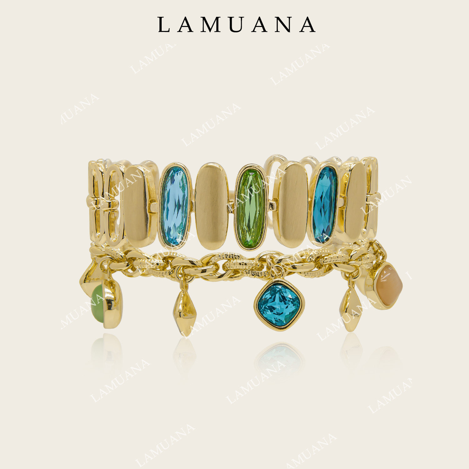 LAMUANA浅金拉丝蓝流苏手链小众设计感复古夸张多层叠戴手环手饰