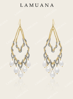 LAMUANA灰色藤蔓巴洛克珍珠流苏耳钉小众夸张设计感长款耳环85926
