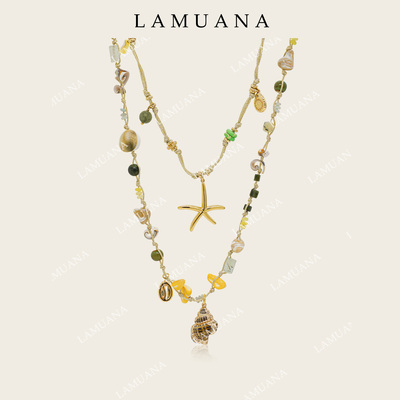 LAMUANA橄榄绿编绳贝壳串珠项链颈链叠戴小众设计夏日度假天然石