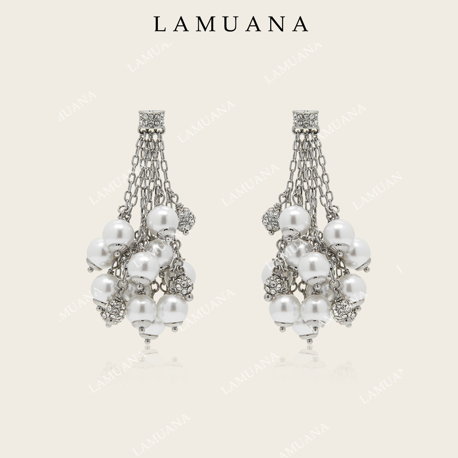 LAMUANA Artdeco珍珠泡泡银钻小球珍珠流苏复古长款耳钉16101