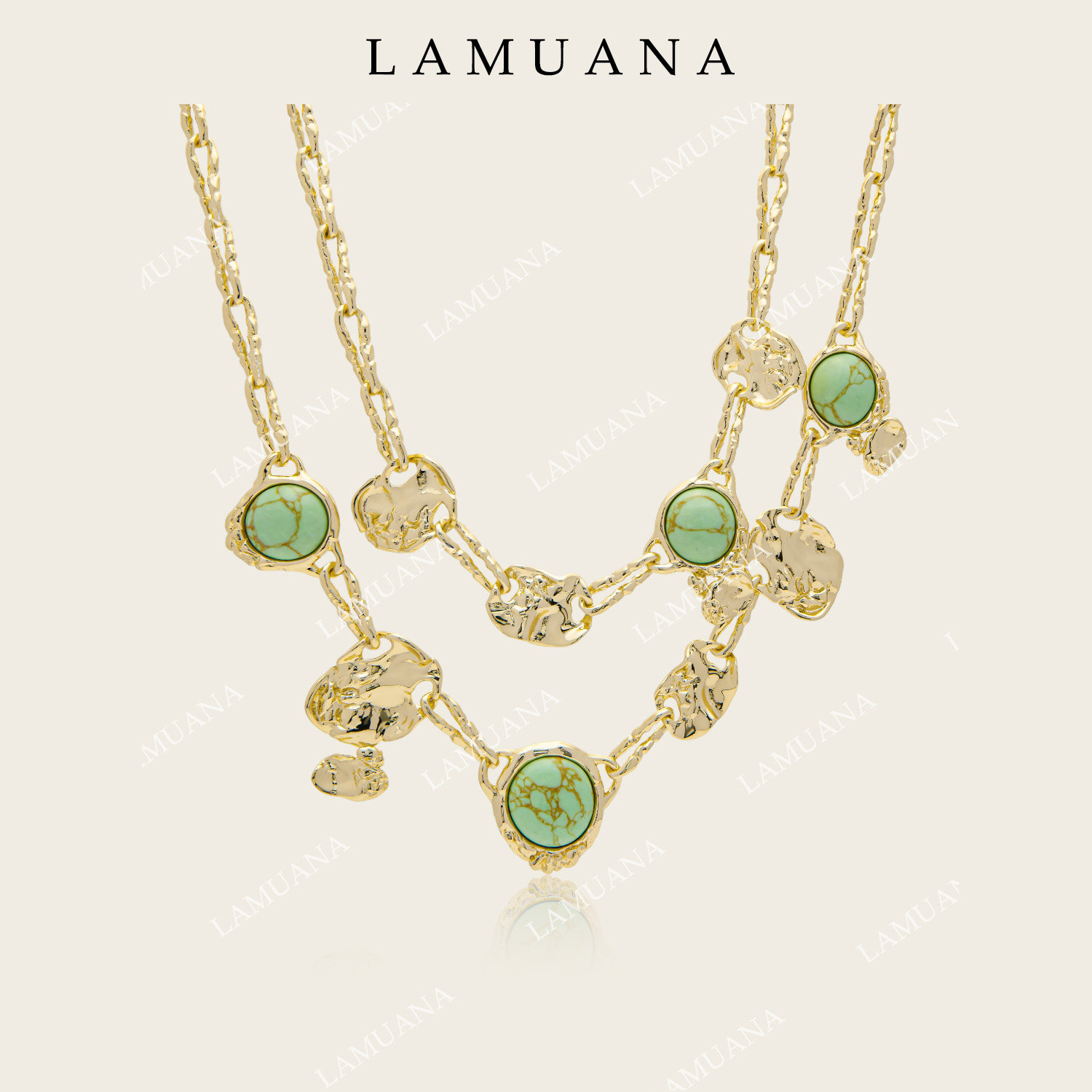 LAMUANA绿圆石熔岩项链颈链小众设计天然石双层锁骨链金色85865