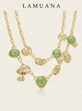LAMUANA绿圆石熔岩项链颈链小众设计天然石双层锁骨链金色85865