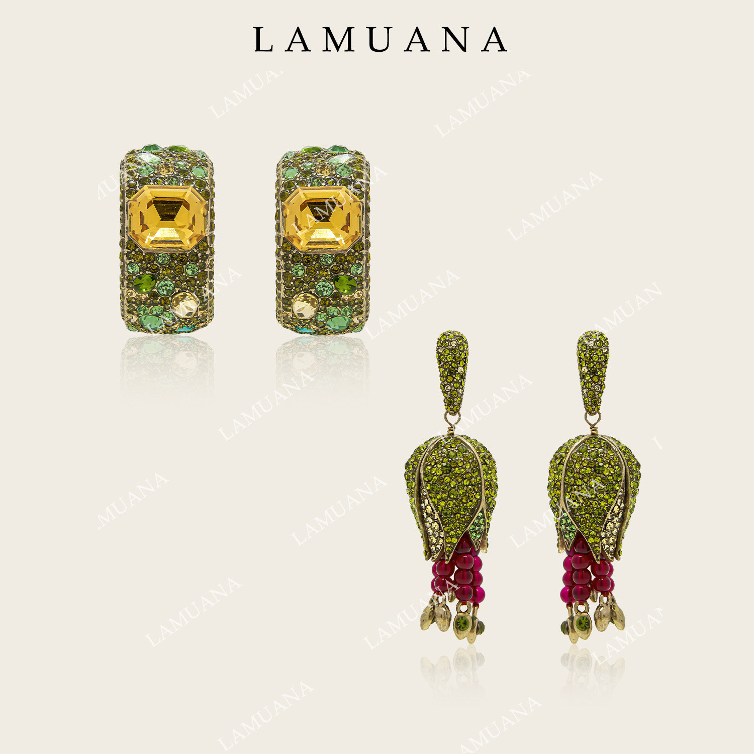 LAMUANA夏日花果系列浅绿色夸张复古设计感多钻金色耳圈耳环耳饰