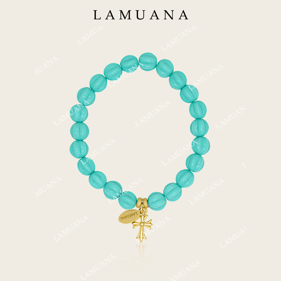 LAMUANA南瓜松松十字架手链小众设计天然石手串绿色蓝色串珠74418