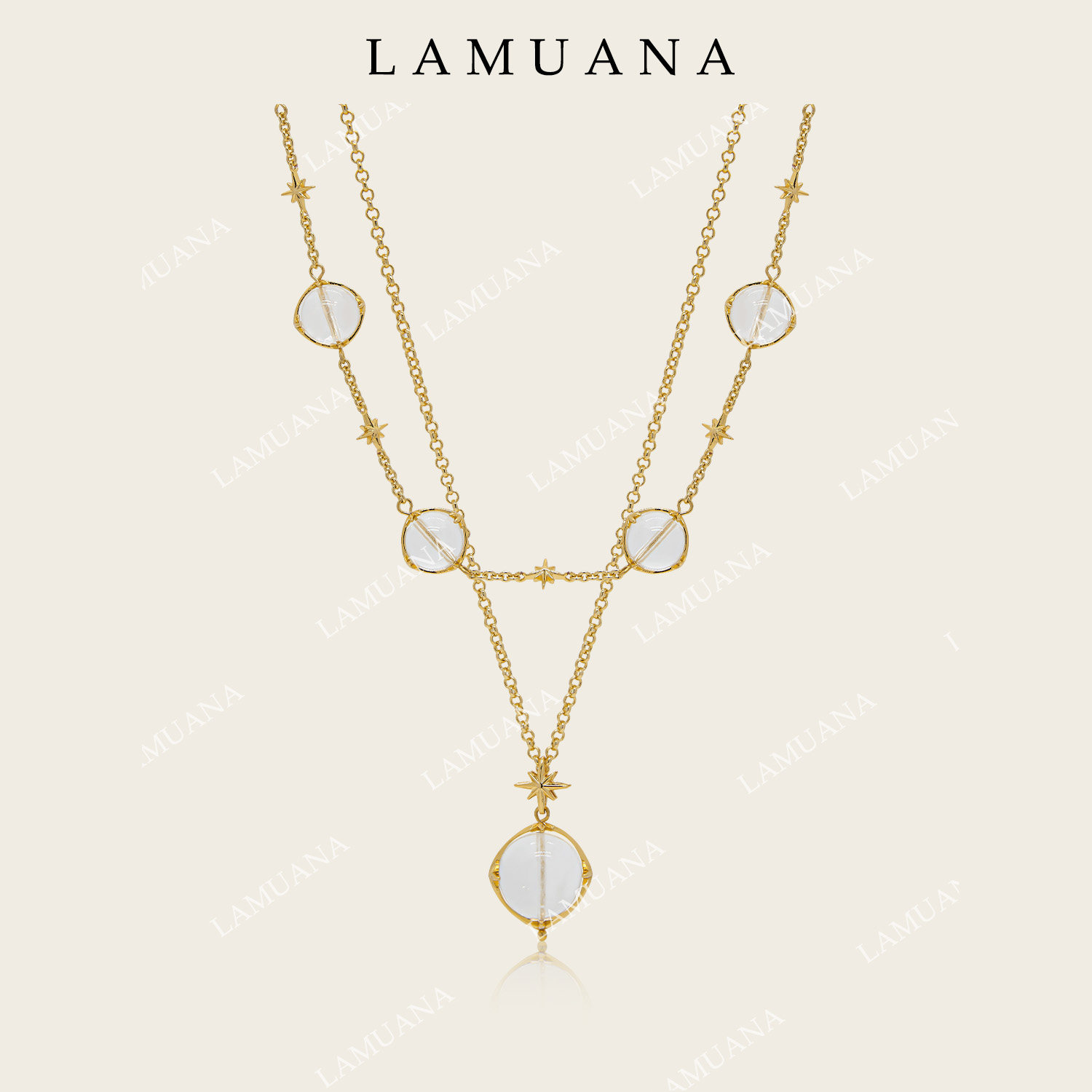 LAMUANA金色星轨水晶串珠项链法式复古设计夸张感带彩白水晶颈链