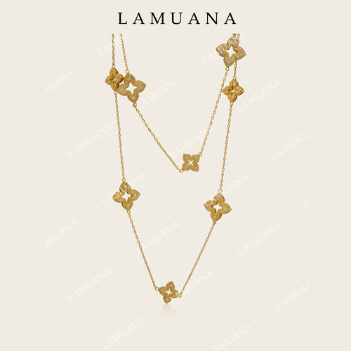 LAMUANA金钻丝绸四叶草项链意式拉丝四叶花长款颈链双层叠戴17115