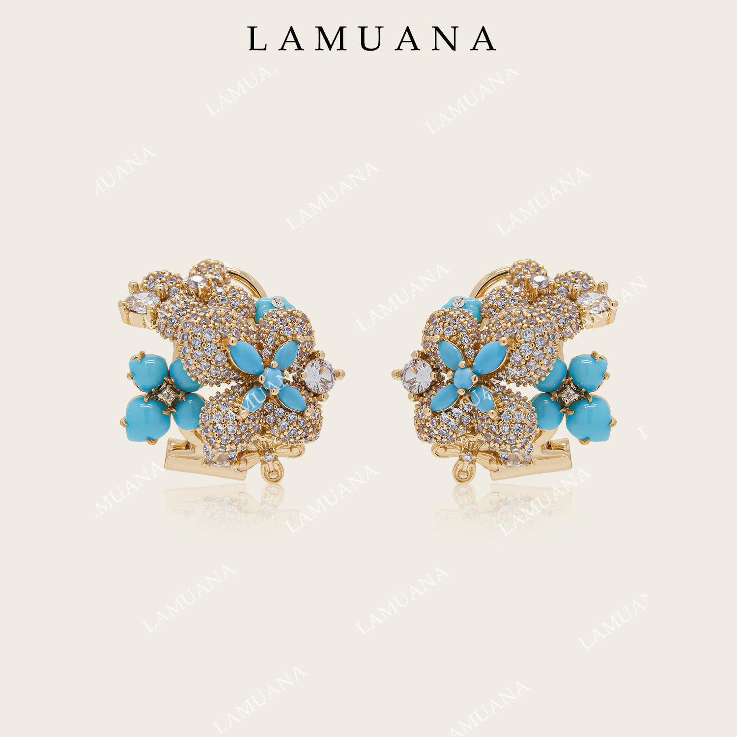 LAMUANA四叶绿松花球人工绿松石高级设计感法式四叶草耳钉96151