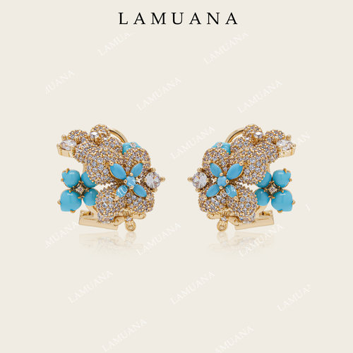 LAMUANA四叶绿松花球人工绿松石高级设计感法式四叶草耳钉96151