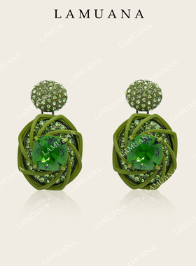 LAMUANA磨砂橄榄枝耳环小众设计感哑光法式复古绿钻耳钉耳饰87531