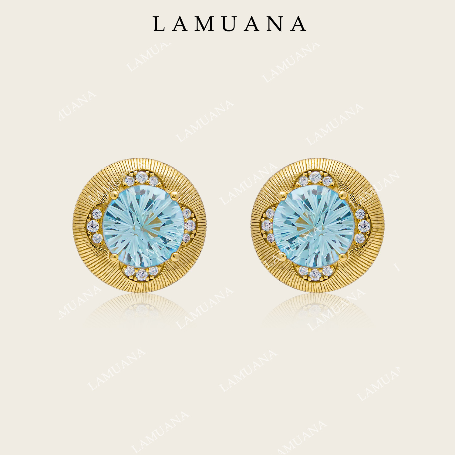 LAMUANA蓝烟花小金扣耳钉蓝托帕宝石S925银拉丝金高级轻奢86619
