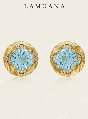 LAMUANA蓝烟花小金扣耳钉蓝托帕宝石S925银拉丝金高级轻奢86619