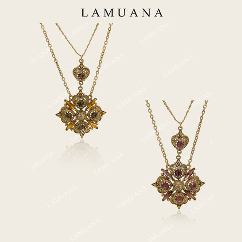 LAMUANA复古法式爱心四叶花项链小众设计感时尚长链双层vintage感