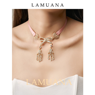 LAMUANA粉色蝴蝶结缎带项链新款小众高级锁骨设计感choker颈55455