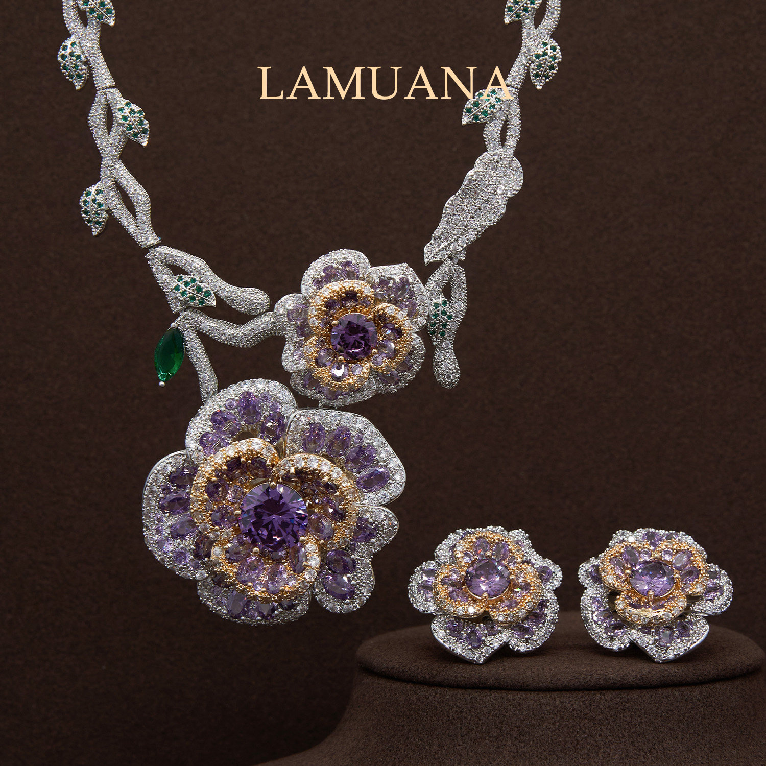 LAMUANA淡紫芙蓉花系列高级奢华贵气珠宝设计感礼服项链耳环套装