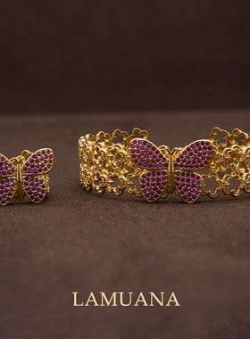 LAMUANA四叶花粉蝴蝶系列复古金色花朵镂空手镯戒指套装礼物12356