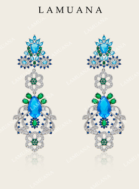 LAMUANA蓝宝花冠耳环蓝色高级设计感长款礼服耳饰耳钉礼物97257