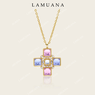 LAMUANA粉蓝糖塔十字项链长款 颈链毛衣链复古小众vintage风85766