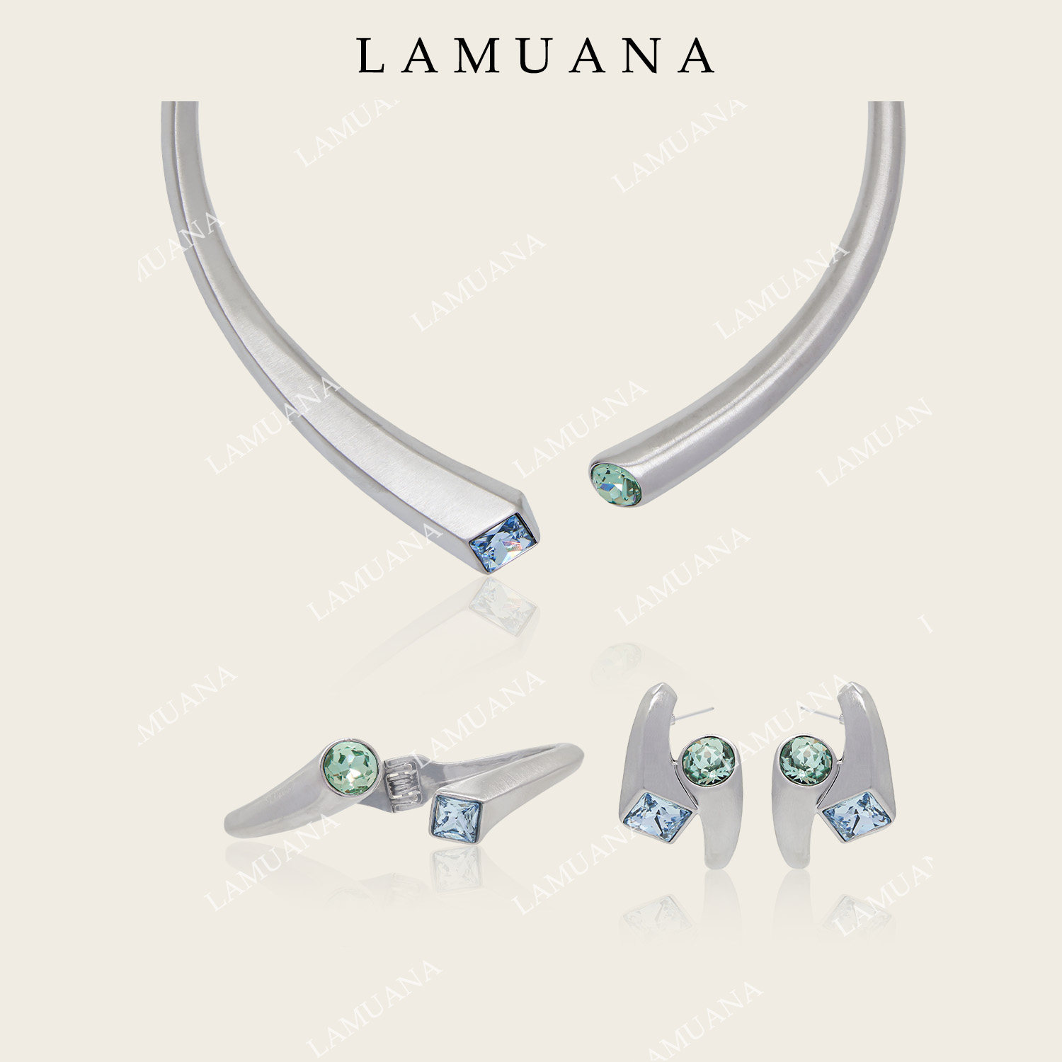 LAMUANA拉丝银蓝双钻系列小众高级设计简约复古项链手镯耳钉套装