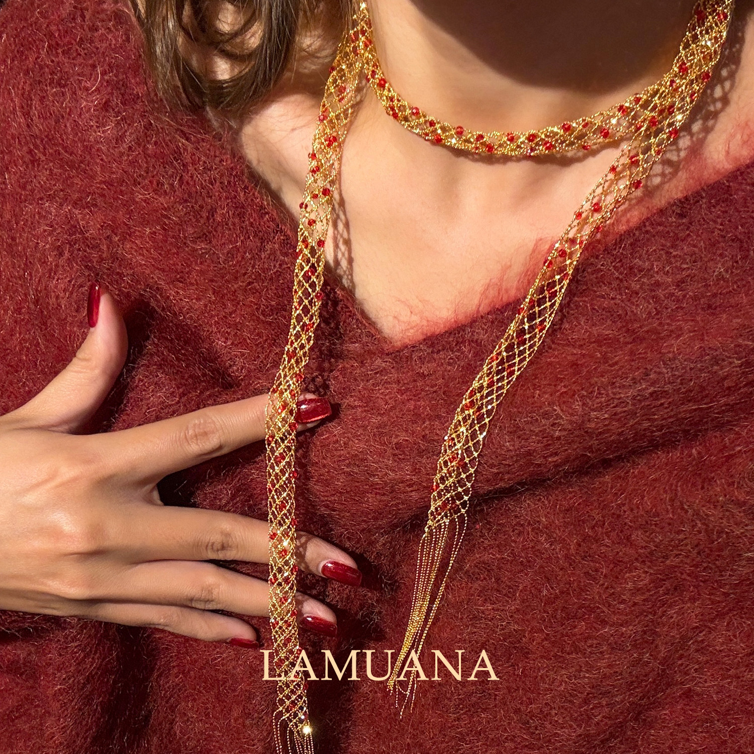 LAMUANA【轻奢系列】意式手工编织蕾丝水晶项链S925银镀金手工艺