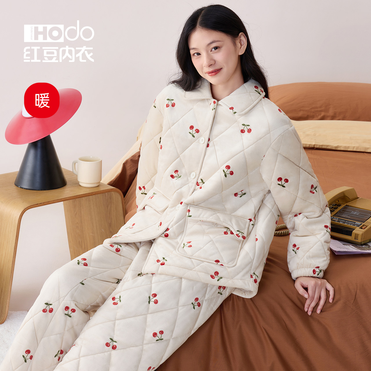 红豆女三层夹棉睡衣加厚抗寒可爱樱桃棉袄冬抗静电外穿家居服套装