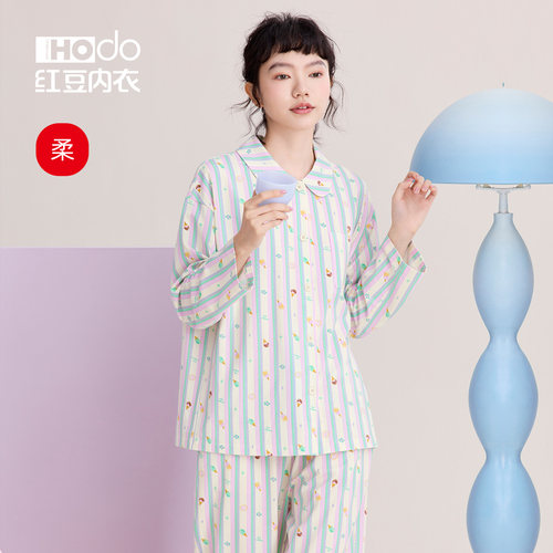 红豆女条纹印花棉莫睡衣家居服