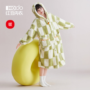 浴袍保暖家居服 红豆女睡袍加厚泡泡绒可爱珊瑚绒冬保暖连帽中长款