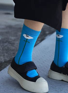 Faint 花花袜子 女士四季全棉针织可爱女袜 小腿袜中筒袜红白花花